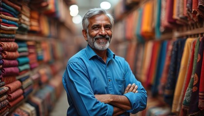 Obraz premium Smiling Indian man vendor stands arms crossed in vibrant textile shop. Small business owner from India sells colorful fabrics for clothing material in noisy marketplace. Confident entrepreneur