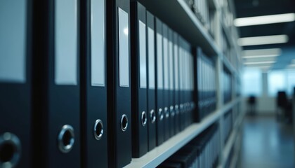 Organized rows of identical black binders on a shelf in a softly lit office setting. Close-up view emphasizes simplicity, order, and efficiency in document storage and management systems.