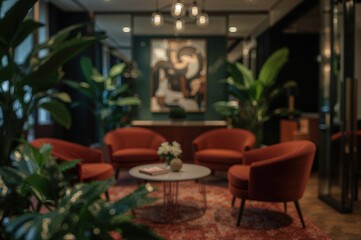 Soft-focus backdrop of an elegant velvet seating area in a high-end shared workspace. This contemporary environment provides a warm and sophisticated atmosphere for workers.
