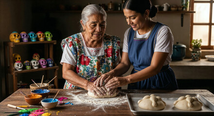 Mexican grandmother teaching her granddaughter how to make traditional Pan de Muerto for Dia de los Muertos after decorating some sugar skulls