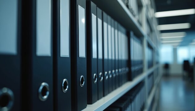 Organized rows of identical black binders on a shelf in a softly lit office setting. Close-up view emphasizes simplicity, order, and efficiency in document storage and management systems.