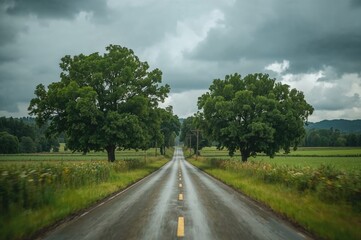 Fototapeta premium Blurred backdrop of a peaceful wet country lane flanked by vibrant green foliage and ominous clouds in a rustic setting. Out-of-focus photo for use as background.