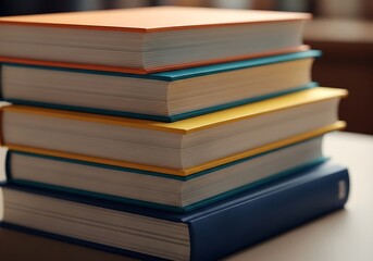 Stack of colorful hardcover books piled neatly on a table for reading and learning