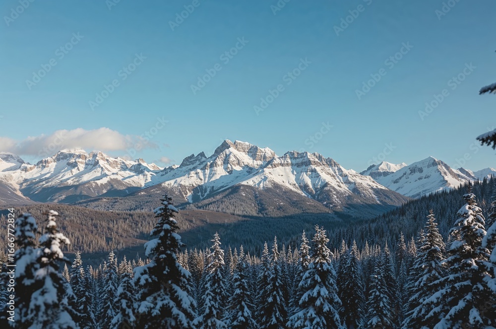Poster blurred backdrop of a wide winter scene featuring snowy peaks and evergreen trees beneath a bright a
