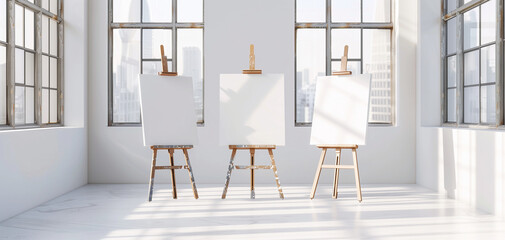 Three easels with white empty blank canvas in bright minimalistic interior of exhibition hall, studio or artist workshop. Front view. Mock up for artwork image, paint on canvas, creative space.