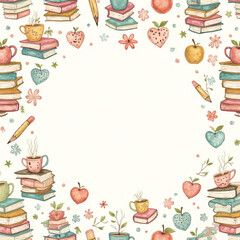 Backgrounds Fabric pattern, vector, books, flowers, fruits, pens, pencils, green plants, picture frames, glasses, coffee cups Generative AI