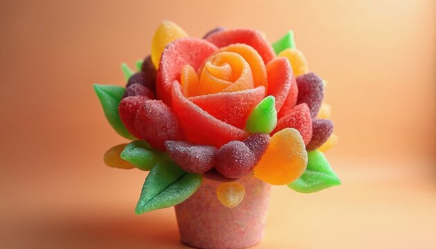 Artistic bouquet features a vibrant rose made from colorful gummy candies. Red, orange, yellow, pink petals and green leaves form a delightful arrangement. Sugary, chewy texture of edible treats.