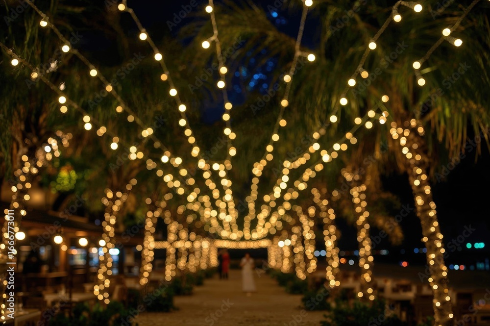 Aufkleber soft glowing bokeh lights with palm silhouettes, featuring warm yellow string lights in an open-air 
