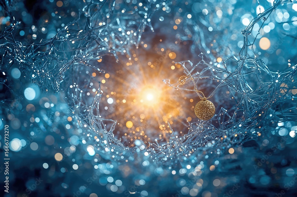 Poster out-of-focus glowing ring in an abstract artistic theme with festive patterns and shimmering gold an