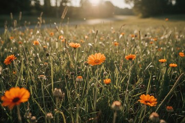 Sunlit meadow with out-of-focus wildflowers and natural textures