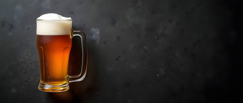 chope de bi&egrave;re ou pinte vue de dessus en aplat, fond d'&eacute;cran en flat lay isol&eacute; sur fond noir textur&eacute; avec espace libre. Alcool &agrave; volont&eacute; 