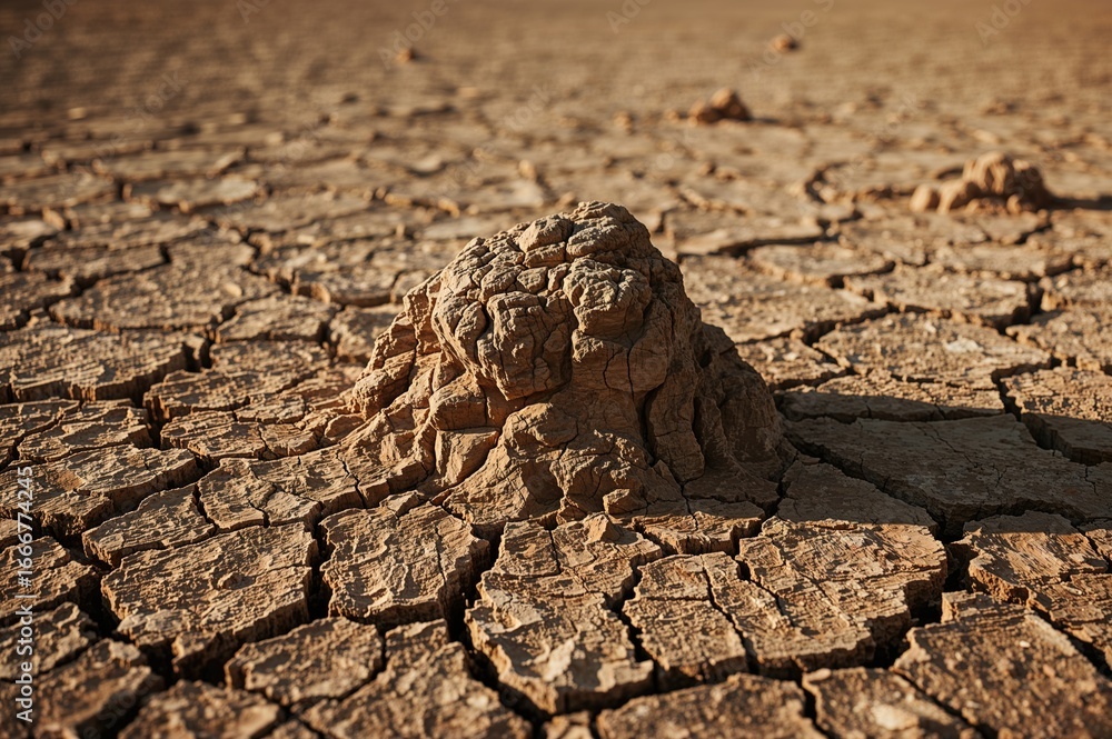 Poster out-of-focus scene of expansive arid terrain featuring distinctive rock structures and fractured soi