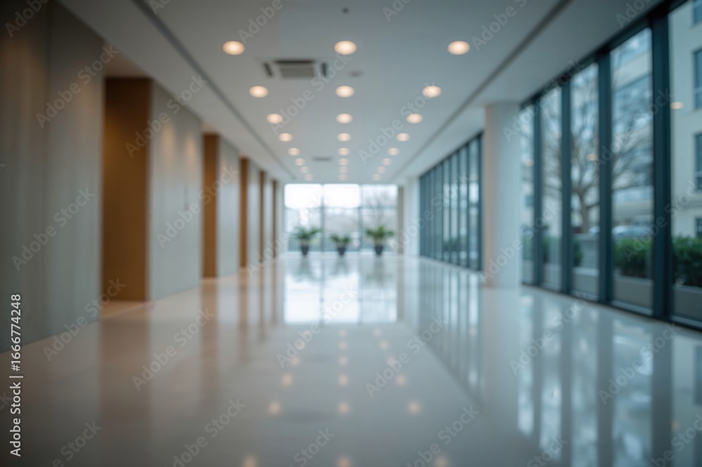 Poster blurred office lobby with empty space looking out through glass wall with light bokeh