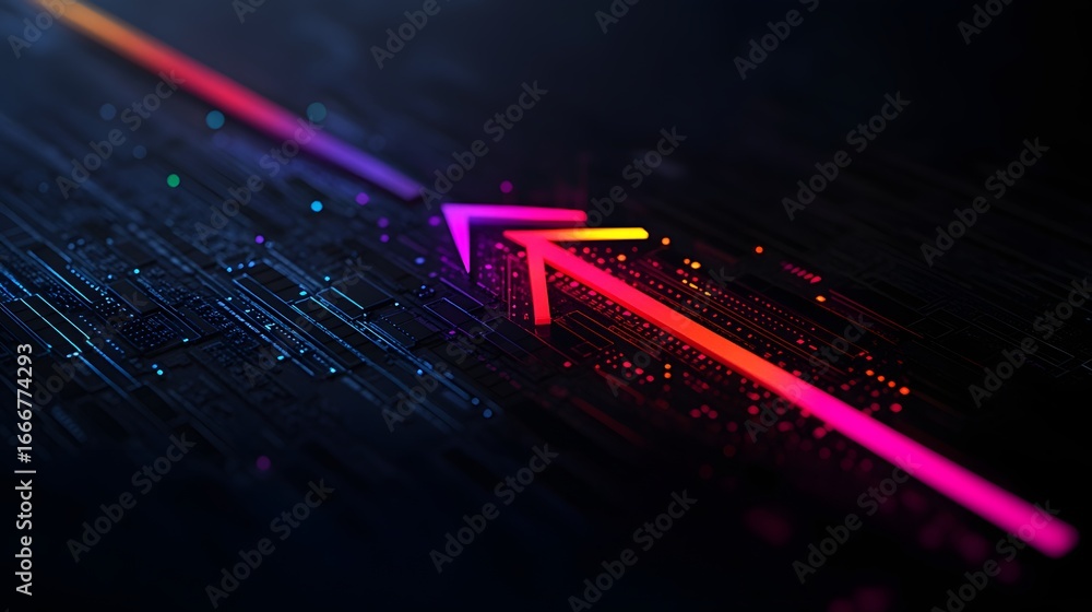 Poster abstract digital background with neon arrow and circuit design