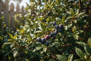 Organic blueberries maturing in a summer garden, harvested from a sustainable farm