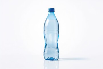 Naklejka premium Transparent blue bottle filled with refreshing water on a white reflective surface