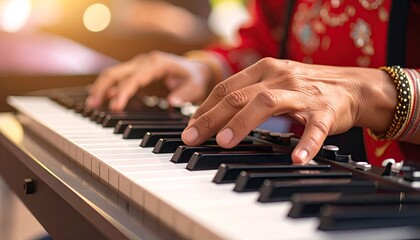 Fototapeta premium Close-up of Hands Playing a Melodica Keyboard