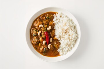 Cashew nut eggplant curry garnished with red chili accompanied by basmati rice on a white backdrop