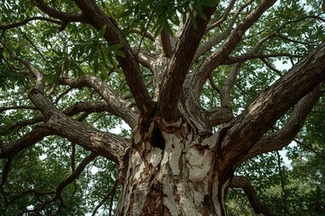Fototapeta premium Calycophyllum spruceanum, also known as capirona, is a native canopy tree featuring yearly shedding bark, set against a natural forest backdrop with lush green foliage.
