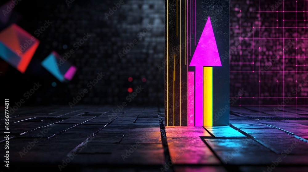 Poster vibrant abstract shapes with arrow direction in neon light setting