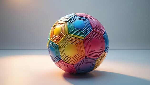 Close-up of vibrant, multi-colored soccer ball featuring rainbow palette of blues, pinks, yellows, greens. Distinct hexagonal panel pattern, often seen on traditional soccer balls, rendered with