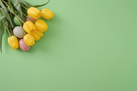 Colorful Easter eggs alongside yellow tulips on a lush green background