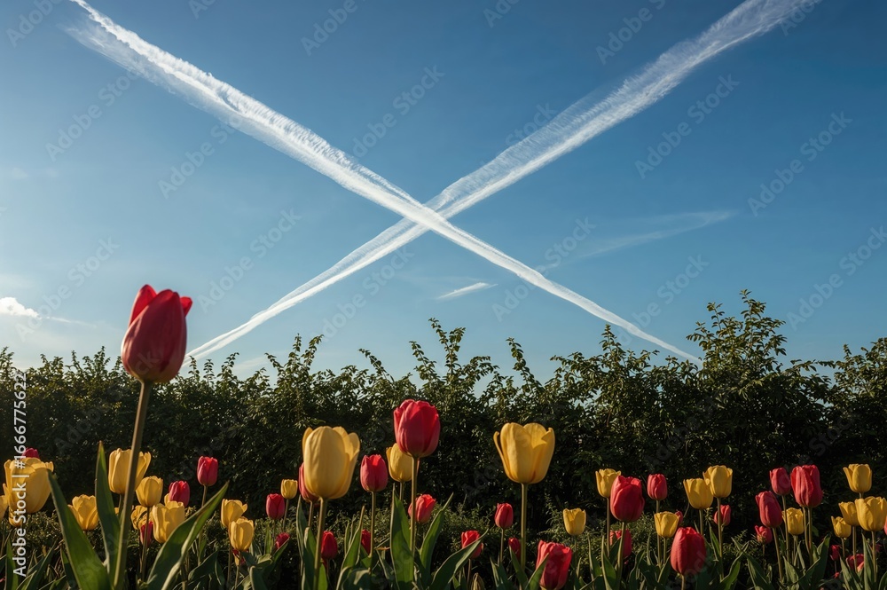 Poster aircraft contrails visible at dawn with tulips blooming in front