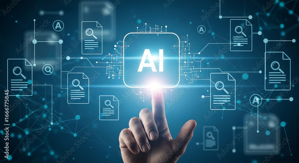 Poster artificial intelligence concept with a human finger touching a glowing ai icon surrounded by digital