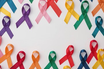 Vibrant cancer awareness ribbons displayed by patients, advocates, and survivors for global cancer awareness day, highlighting all cancer varieties with space for text