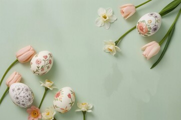Colorful Easter eggs and vibrant spring blossoms floating over a soft green backdrop with room for text