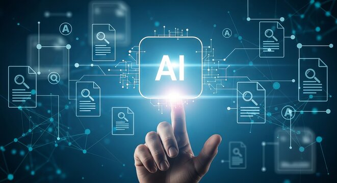 Artificial intelligence concept with a human finger touching a glowing ai icon surrounded by digital network and data