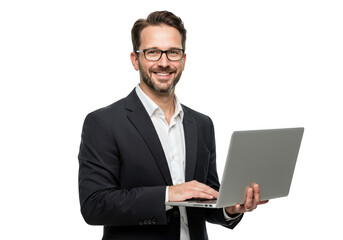 Smiling businessman with glasses holding a laptop isolated on transparent background