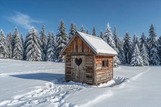 Heart-cutout wooden outhouse amidst snowy landscape under bright blue sky, encircled by snow-laden fir trees in a secluded wilderness.