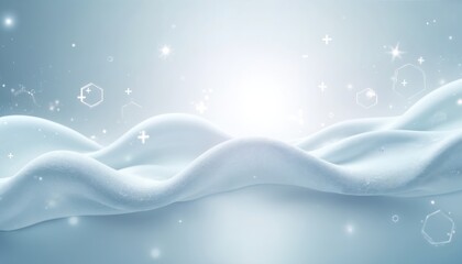 Abstract digital wave pattern background with medical and science elements. Soft blue fabric texture with glowing dots, hexagons, and plus signs creates a futuristic atmosphere.