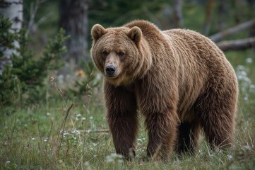 Obraz premium Wild brown bear roaming dense forest in mountainous region