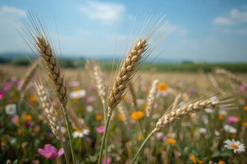 Obraz premium Close-up of wheat spikes with warm summer backdrop