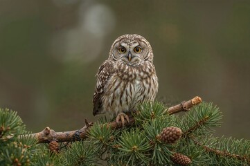 Spring season little owl sitting on a downed pine tree with cones, looking forward with bright yellow eyes. Close-up view. Scientific name Athene noctua. Horizontal space for text