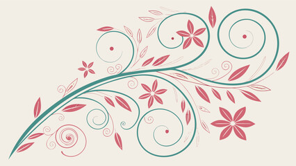 Teal and Pink Floral Swirls and Leaves flourish vine