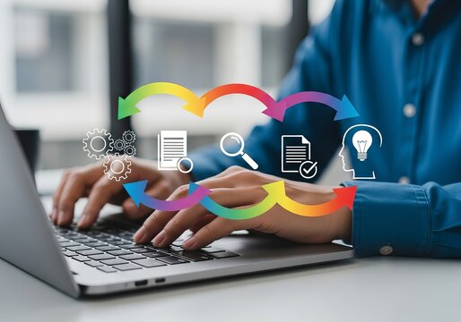 Person working on a laptop with colorful arrows and icons representing a business process or workflow, symbolizing digital transformation