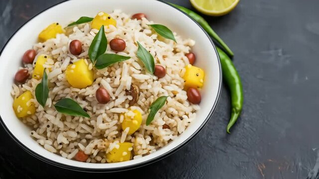 Image is a high-resolution, close-up photograph of a bowl of poha, an Indian breakfast dish. The poha is served in a white ceramic bowl with a thin black rim, placed on a dark textured surface. The di