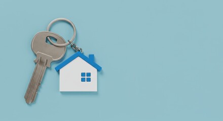 Silver key and house keychain depict real estate property investment home ownership and mortgage concept on a clean blue backdrop