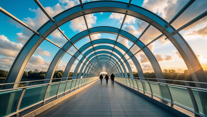 Glassy Curved Bridge with People Walking Under a Sunset