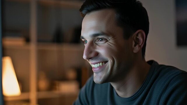 A man smiling while working on a laptop at a desk in a dimly lit room.