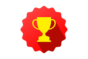 Golden trophy on red circular badge with long shadow effect on transparent background