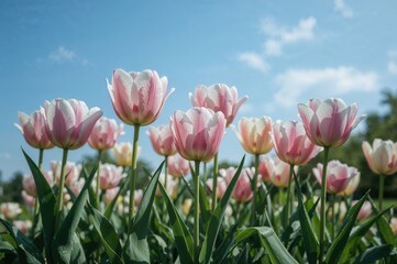 Vibrant tulip blossoms set against a clear blue sky in a sunny garden scene