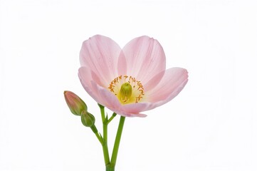 Fototapeta premium Close-up of a vibrant pink blossom with unopened buds on a single stem against a white backdrop