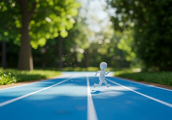 A cartoon figure running on a blue athletic track
