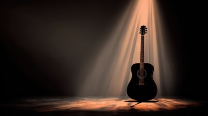 Acoustic Guitar Standing Under Spotlight