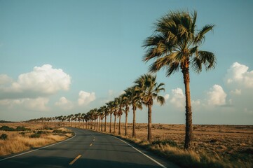 Scenic roadway lined with palm trees on a breezy afternoon