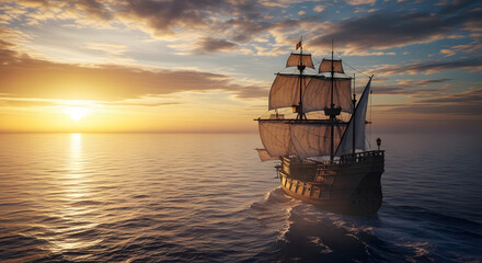 Fototapeta premium A majestic sailing ship navigates the open ocean at sunset, sails catching the golden light, under a cloudy sky.